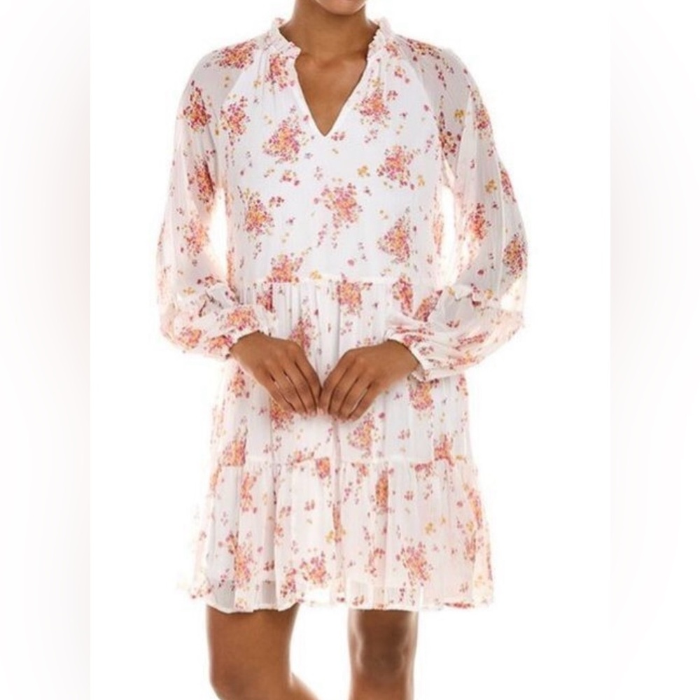 Vince Camuto 3 tiered lined floral print white dress sheer ballon sleeve small